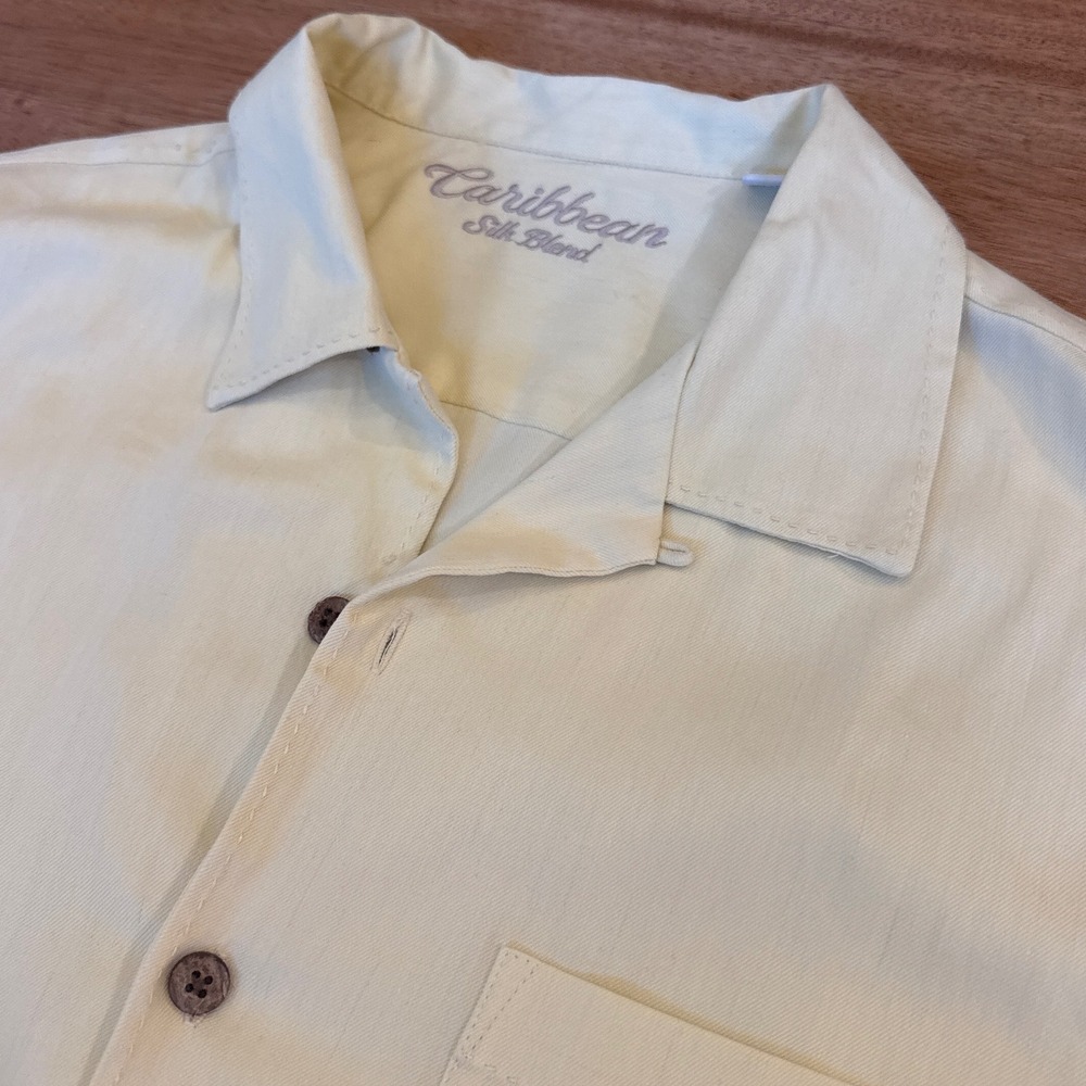 Caribbean Silk Blend Mens XL Cream Short Sleeve Camp Shirt Button Down Cotton